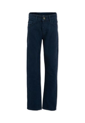 Navyblauwe katoenen broek, recht model, met frontzakken en een knoopsluiting. Glad textuur met subtiele stikseldetails.