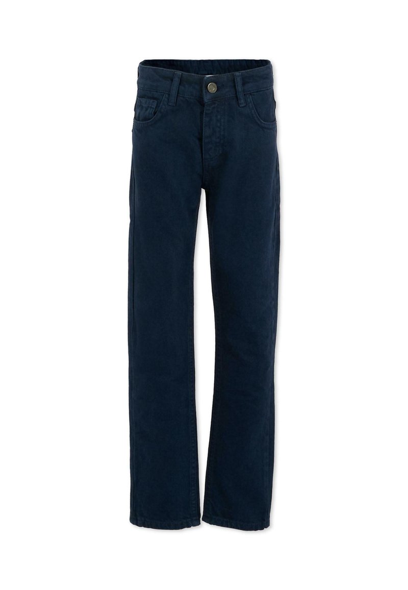 Pantaloni in cotone blu navy, design a gamba dritta, con tasche frontali e chiusura con bottone. Texture liscia con dettagli di cucitura sottili.