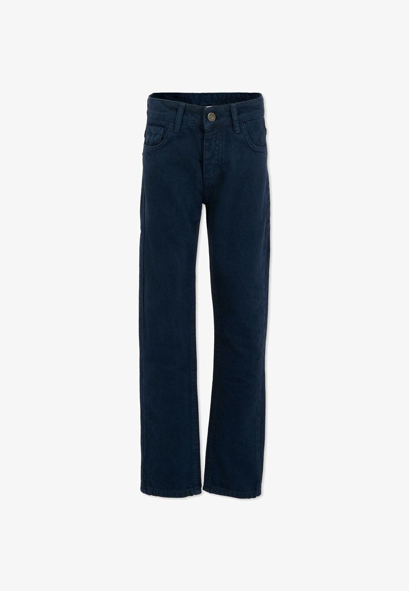 Pantaloni in cotone blu navy, design a gamba dritta, con tasche frontali e chiusura con bottone. Texture liscia con dettagli di cucitura sottili.