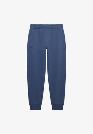 Niebieskie bawełniane spodnie dresowe z prążkowanym paskiem w talii, dwoma bocznymi kieszeniami i elastycznymi ściągaczami przy nogawkach. Z przodu małe logo.