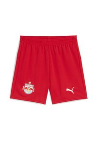 Röda sportshorts i andningsbart material med resårmidja. Har Red Bull Salzburg-logotypen och en vit Puma-emblem.