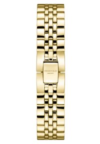 Reloj metálico dorado con una caja rectangular, pulsera enlazada que presenta acabados pulidos y mate, y un cierre en el centro con la marca.