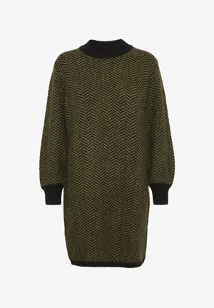 Strickkleid in Dunkelgrün mit schwarzem Fischgrätmuster, ausgestattet mit einem schwarzen gerippten Kragen und Bündchen. Weiche Textur, lockere Passform.