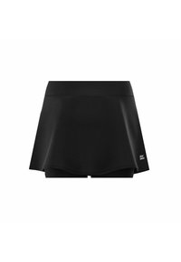 Skort atlético negro con un diseño acampanado, textura suave, cinturilla ancha y una capa interna de pantalones cortos con un sutil detalle de marca.