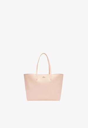 Sac fourre-tout rose clair en matériau texturé, présentant deux poignées robustes et un petit logo sur le devant. Design simple et spacieux.