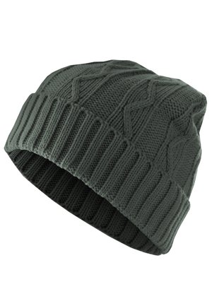 Knit beanie in dark green with textured cable patterns; features a ribbed cuff for fit. Fabric appears soft and flexible.