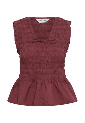 Blusa sin mangas burdeos con cuerpo fruncido, escote en V, pequeña lazada frontal, sisas con volantes y bajo acampanado.