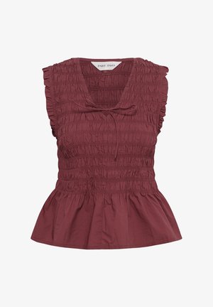Blusa sin mangas burdeos con cuerpo fruncido, escote en V, pequeña lazada frontal, sisas con volantes y bajo acampanado.