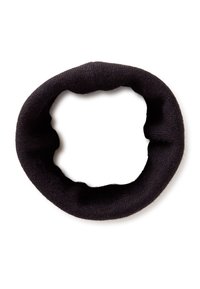 Fascia per capelli in tessuto nero, forma circolare, materiale testurizzato, elastica. Nessun motivo o hardware visibile, fodera interna liscia.