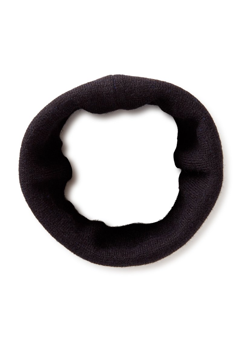 Fascia per capelli in tessuto nero, forma circolare, materiale testurizzato, elastica. Nessun motivo o hardware visibile, fodera interna liscia.