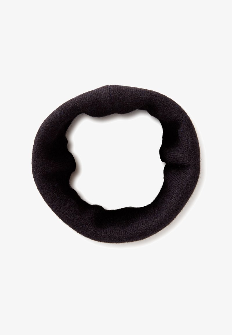 Fascia per capelli in tessuto nero, forma circolare, materiale testurizzato, elastica. Nessun motivo o hardware visibile, fodera interna liscia.