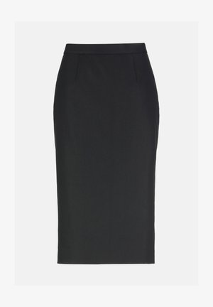 Black knee-length pencil skirt with simple waistband and slight front pleats, shown against a plain light background.