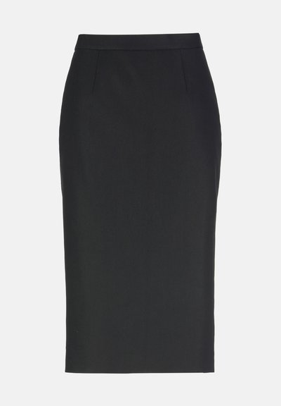 Sort knælange blyantskørt med enkel taljebånd og lette forreste læg, vist mod en ensartet lys baggrund.