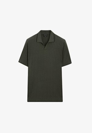 Olive green short-sleeve polo shirt with a ribbed texture, open collar, and straight hem. Features vertical stripes and a fitted design.