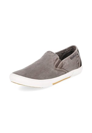 Grauer Slip-On Leinenschuh mit weißer Gummisohle und kleinem Seitenetikett mit der Aufschrift "Bullboxer", schräg gezeigt, um die Außenseite zu zeigen.