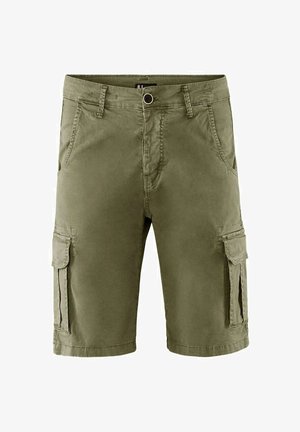 Pantaloni cargo verde oliva in cotone, dotati di tasche laterali, chiusura con bottone e vestibilità rilassata. Tessuto resistente con una texture liscia.