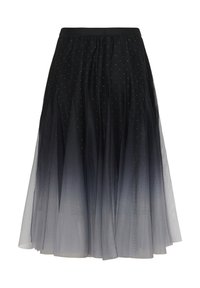 Čierna tylová sukňa s textúrovaným ombré efektom, ktorý prechádza z tmavej do svetlej farby. Ozdobená malými, roztrúsenými striebornými bodkami. Elastický pás.