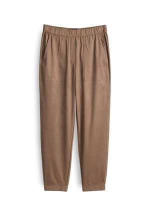 Pantaloni marroni a vestibilità comoda con vita elasticizzata, due tasche frontali e una texture liscia, progettati per il comfort e la facilità di indossarli.