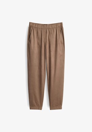 Pantalons marron, coupe décontractée, avec une taille élastique, deux poches avant et une texture lisse, conçus pour le confort et la facilité de port.