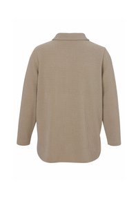 Beiges, geripptes Baumwollhemd mit Kragen und langen Ärmeln, mit kastiger Form und entspanntem Sitz, gezeigt von hinten.