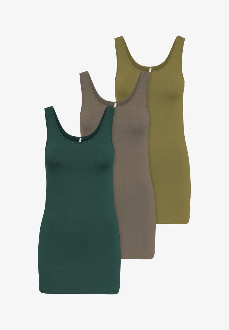 Set aus drei Damen-Tanktops in Dunkelgrün, Oliv und Taupe. Aus glattem Baumwollmaterial gefertigt, mit rundem Ausschnitt und ärmellosem Design.