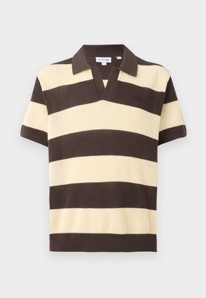 Short-sleeve knitted polo shirt with wide horizontal brown and cream stripes and a dark brown collar.