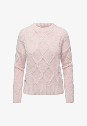Jasnoróżowy sweter z teksturowanym wzorem w diamenty oraz ściągaczami przy mankietach i u dołu. Wykonany z miękkiego, przytulnego materiału. Okrągły dekolt. Szczegół z logiem w kolorze srebrnym.