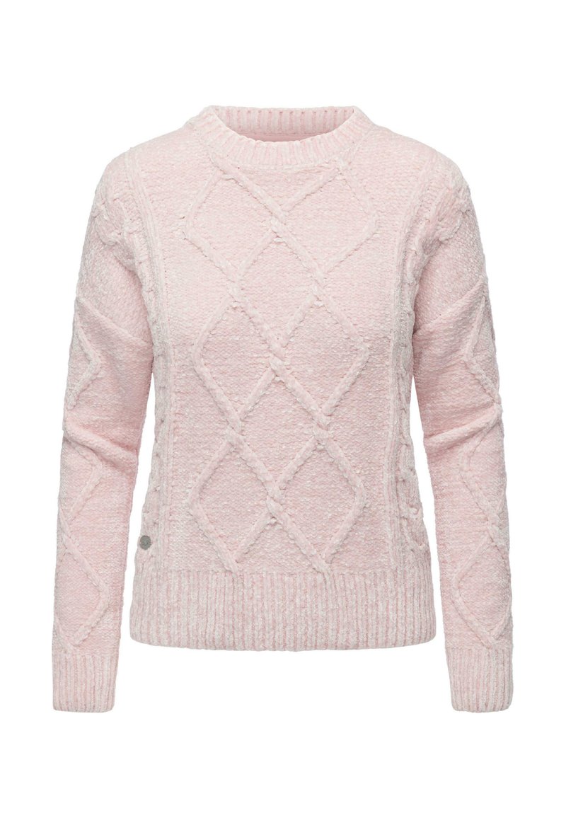 Jasnoróżowy sweter z teksturowanym wzorem w diamenty oraz ściągaczami przy mankietach i u dołu. Wykonany z miękkiego, przytulnego materiału. Okrągły dekolt. Szczegół z logiem w kolorze srebrnym.