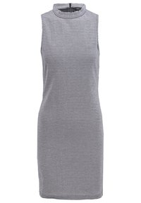 Bezramienna szara sukienka z wysokim kołnierzem, charakteryzująca się teksturowanym wzorem i dopasowanym krojem. Zamek błyskawiczny z tyłu.