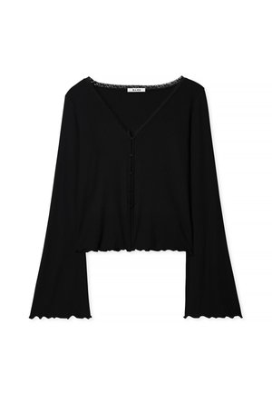 Melnas ribota garām piedurknēm blūze ar V veida kakla izgriezumu, viļņotu malām, mežģīņu apdari ap kaklu un priekšējo pogu aizdari. Īsāka dizaina.