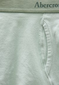 Κοντινή λήψη υφάσματος ανοιχτού πράσινου χρώματος που δείχνει μια ραφή τσέπης και μια μέση με μέρος του λογότυπου Abercrombie.