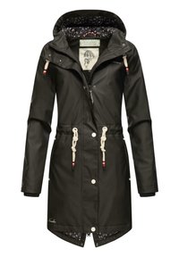 Veste noire imperméable avec une capuche à cordon, une fermeture éclair à l'avant et des fermetures à pression. La doublure intérieure présente un motif floral ; taille ajustable.