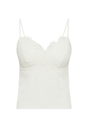 Camiseta blanca de encaje con tirantes finos ajustables y detalles de encaje floral en las copas y el dobladillo.