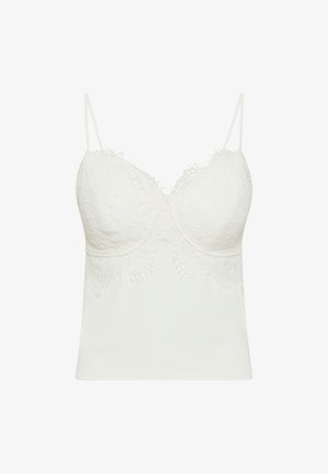 Camiseta blanca de encaje con tirantes finos ajustables y detalles de encaje floral en las copas y el dobladillo.