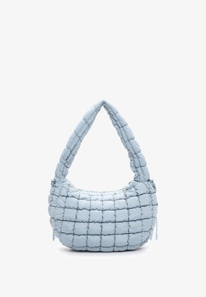 Sac à main matelassé bleu clair avec une anse épaisse et douce et une fermeture éclair.