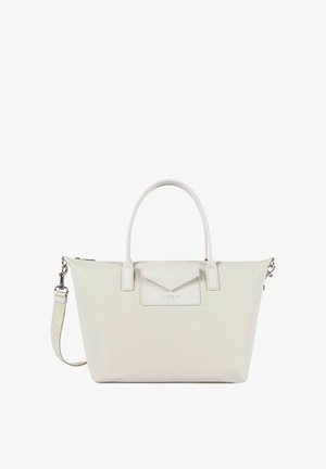 Borsa tote bianca con due manici arrotondati, tasca frontale a busta e tracolla rimovibile con ferrature argento.