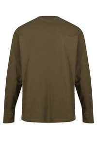 Camicia a maniche lunghe in cotone verde oliva. Presenta un collo rotondo, una vestibilità morbida e una parte posteriore semplice senza cuciture o dettagli visibili.