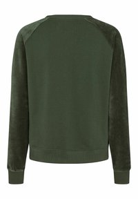 Sweat-shirt vert foncé avec longues manches en velours, poignets côtelés et ourlet côtelé, montré de dos sur fond blanc.