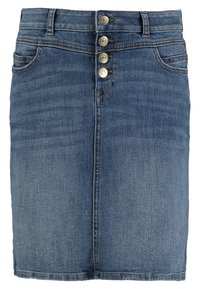 Falda de mezclilla en azul oscuro con un diseño ajustado, que cuenta con un cierre frontal de cinco botones, dos bolsillos laterales y un dobladillo recto.