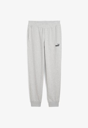 Graue Sweatpants aus weichem Material, mit elastischem Bund, seitlichen Taschen und einem kleinen schwarzen Puma-Logo am linken Oberschenkel.