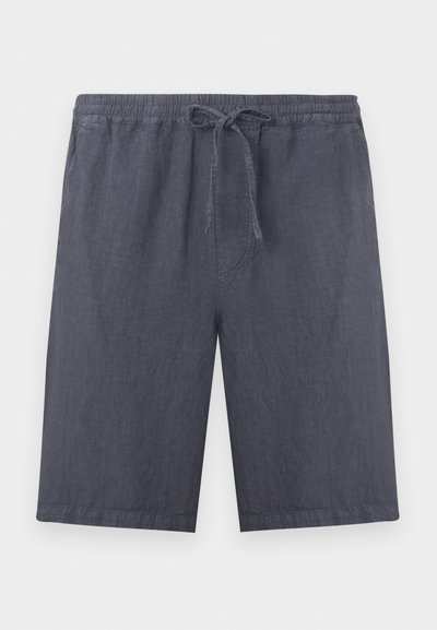 Shorts gris foncé jusqu'aux genoux confectionnés dans un tissu léger. Ils présentent une taille élastique avec un cordon de serrage et des poches latérales.