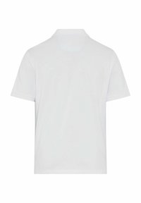 Polo a maniche corte bianco con colletto classico e una texture liscia e uniforme senza alcun motivo o accentuazione. Vista posteriore mostrata.