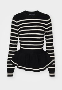 Randig svart och vit stickad tröja med rund halsringning, långa ärmar och en utsvängd peplum-hem. Mjuk textur, ribbat tyg.