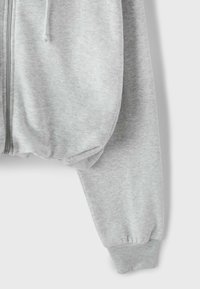 Sweat à capuche gris clair à manches longues avec fermeture éclair, poignets côtelés et fermeture visible sur le côté gauche, présenté sur un fond uni.