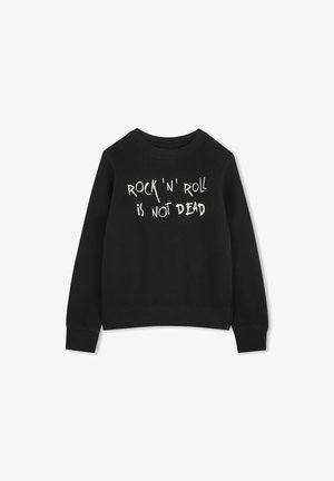Zwarte sweatshirt van katoen met een ronde hals, voorzien van witte bedrukt tekst: "ROCK 'N' ROLL IS NIET DOOD" in een versleten stijl.