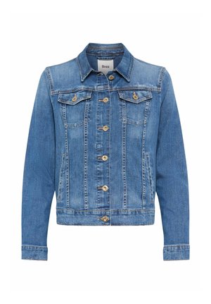 Blue denim jacket with button closure, two chest pockets with flaps, and side pockets, featuring stitched seam detailing.