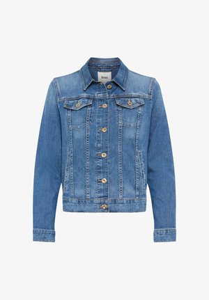 Blue denim jacket with button closure, two chest pockets with flaps, and side pockets, featuring stitched seam detailing.