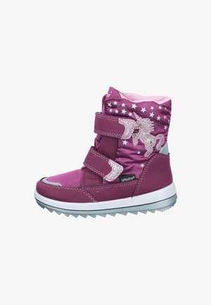 Purple ankle boots with a shiny silver sole, featuring three Velcro straps, stars, and a glittery unicorn design on the side.