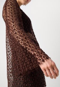 Brown lace top with long sleeves, featuring floral-inspired patterns and an open weave texture. The design includes scalloped edges along the sleeves.
