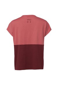 Camiseta de manga corta y corte relajado en bloques de color rojo claro y oscuro. Presenta el logotipo "VAUDE" en negro en la parte trasera. Tela de algodón.